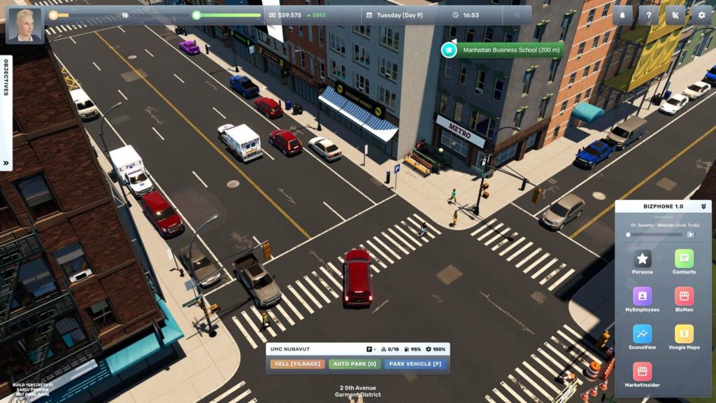 With the right tips and tricks, you will be successful in Big Ambitions. Here we see a red car at a road intersection.