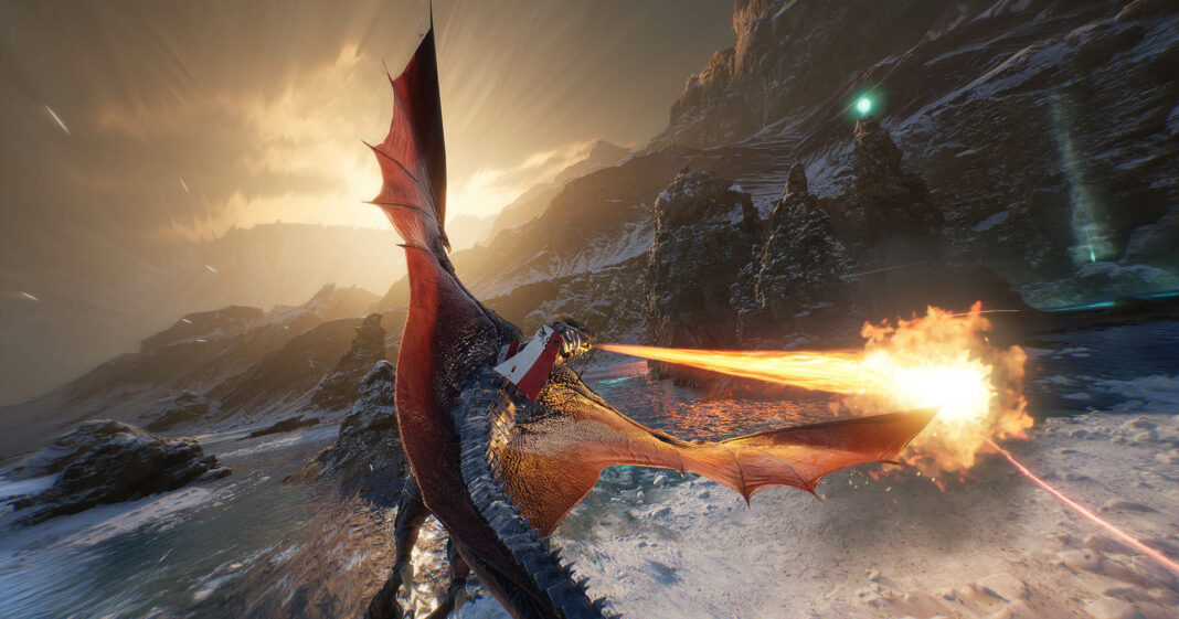 We see a Dragoneer in third-person on a flying fire-spitting dragon in Century Age of Ashes.