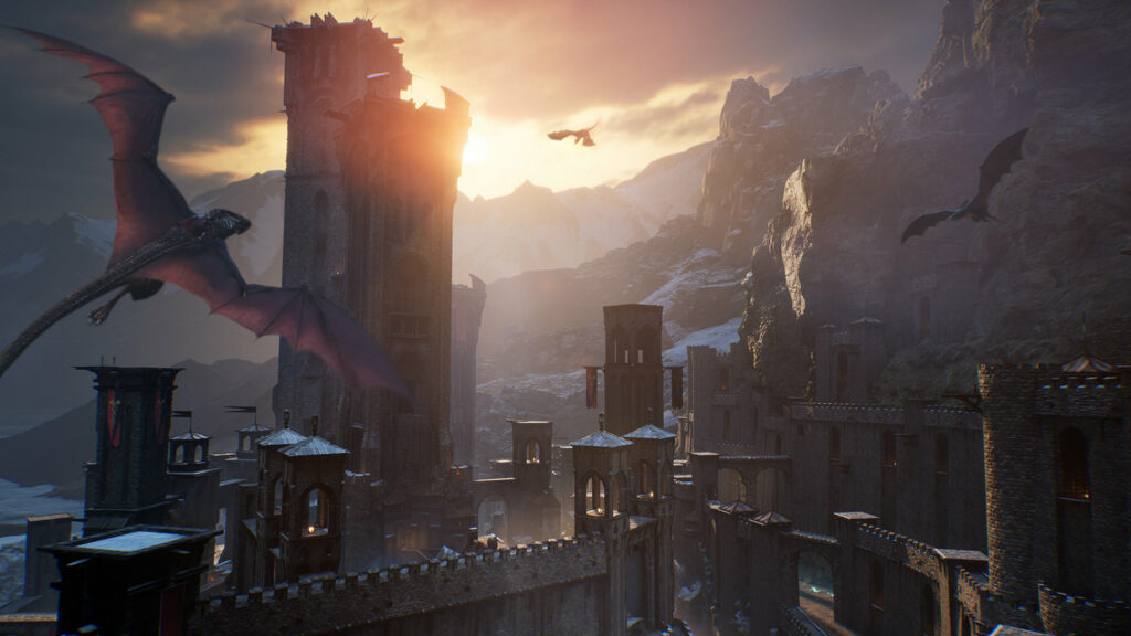 An old venerable castle is shown in front of a mountain range in the setting evening sun. Three dragons fly straight over it.