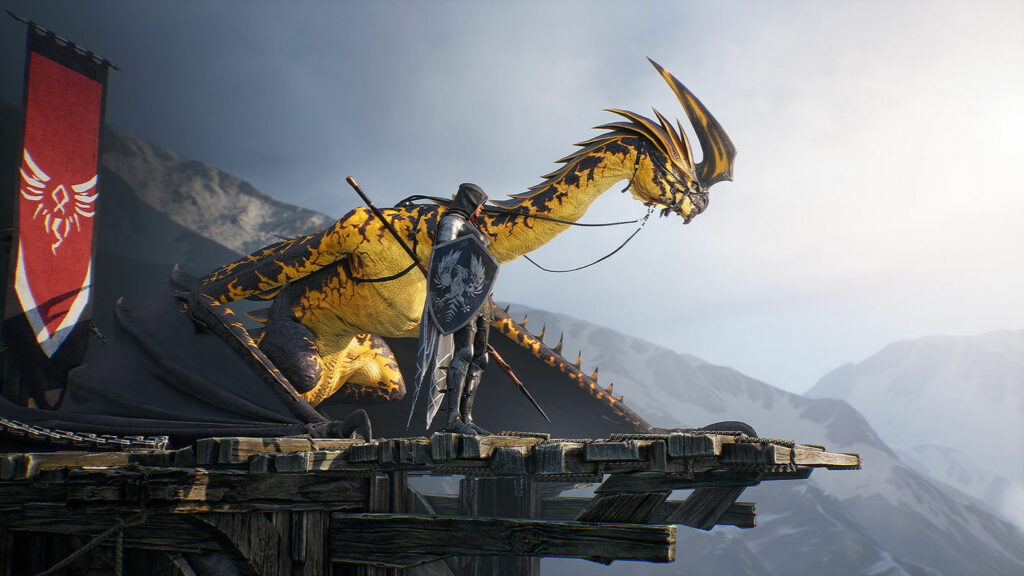 The player stands in knight's armor before a yellow dragon in Century Age of Ashes, a fantasy battle game.