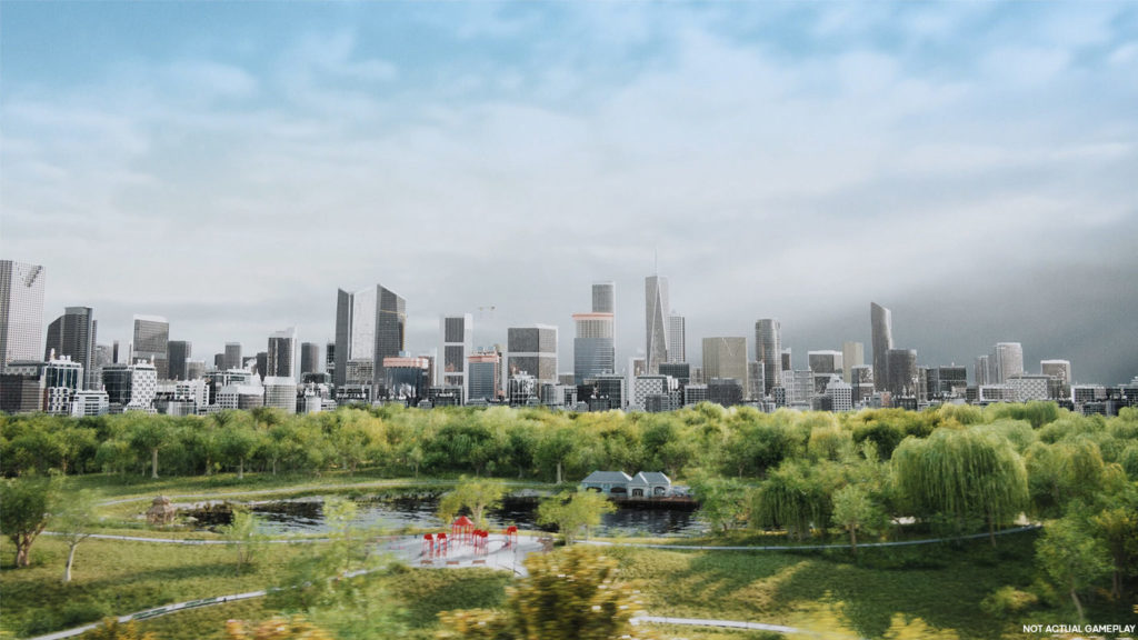 Here we look at a rendered ultra-modern city. In front of it we see a park. Cities Skylines 2 promises even better graphics.