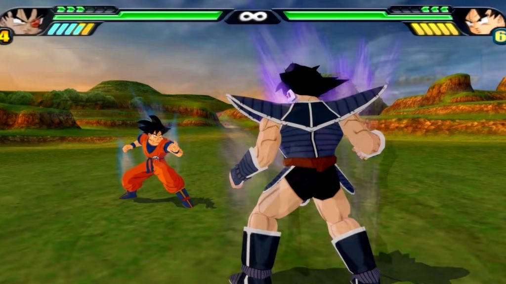 Son Goku is in a duel in Dragon Ball Z Budokai Tenkaichi 3. We are in a perspective 3D view.
