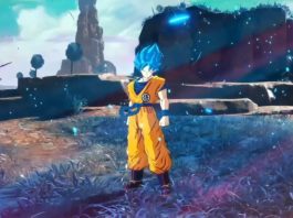 In the new trailer for Dragon Ball Z Budokai Tenkaichi 4 in front of a rocky landscape we see Son Goku as Super Saiyan Blue.