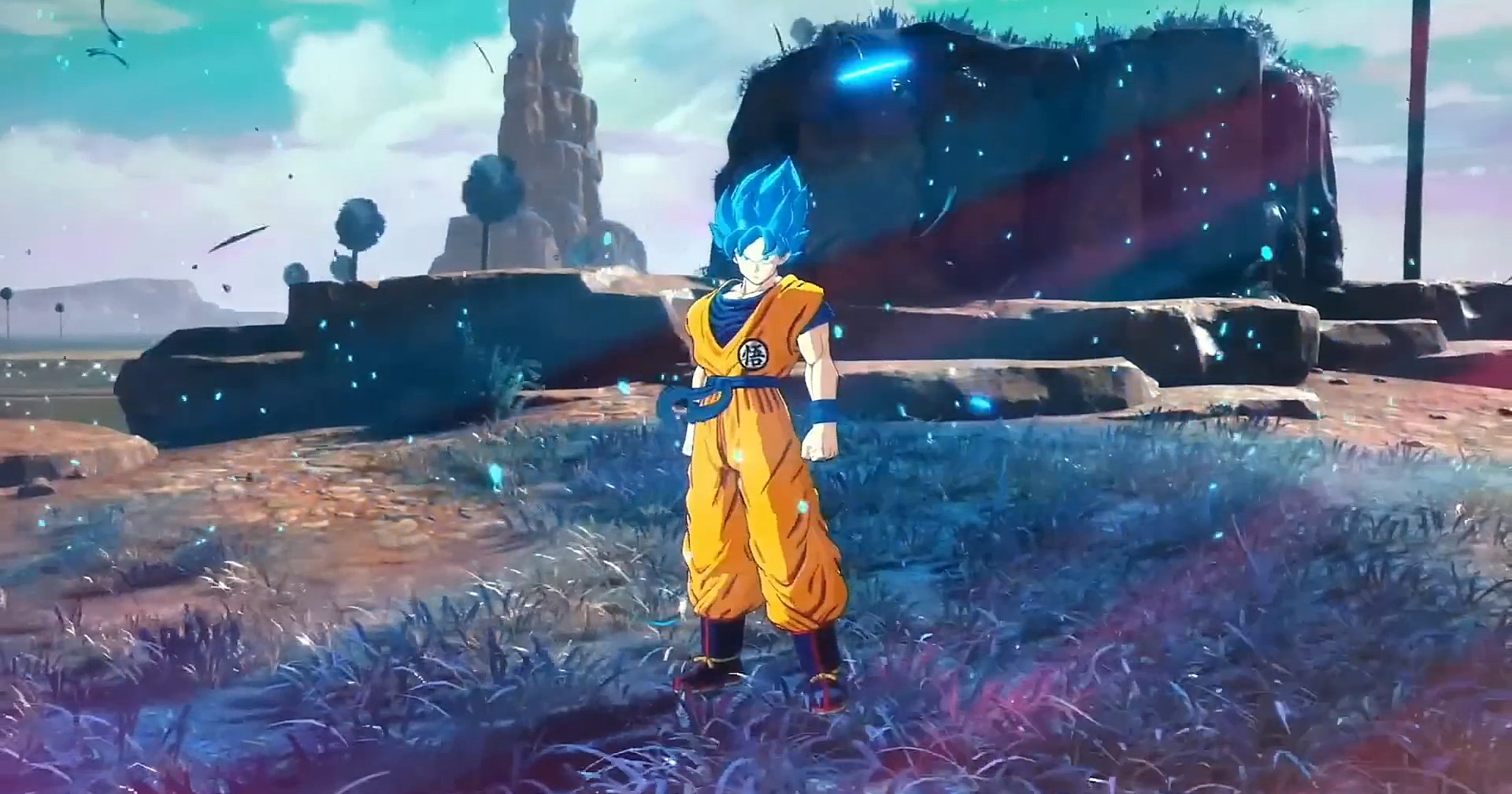 In the new trailer for Dragon Ball Z Budokai Tenkaichi 4 in front of a rocky landscape we see Son Goku as Super Saiyan Blue.