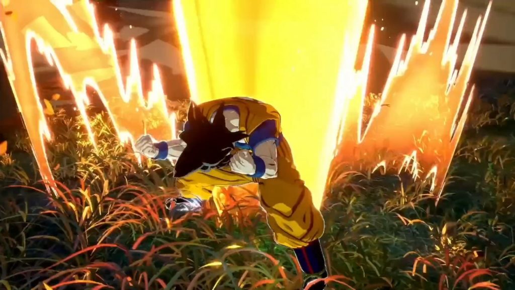 Here we look from the front at Son Goku, who is transforming into a Super Saiyan Blue, and flames are emerging.