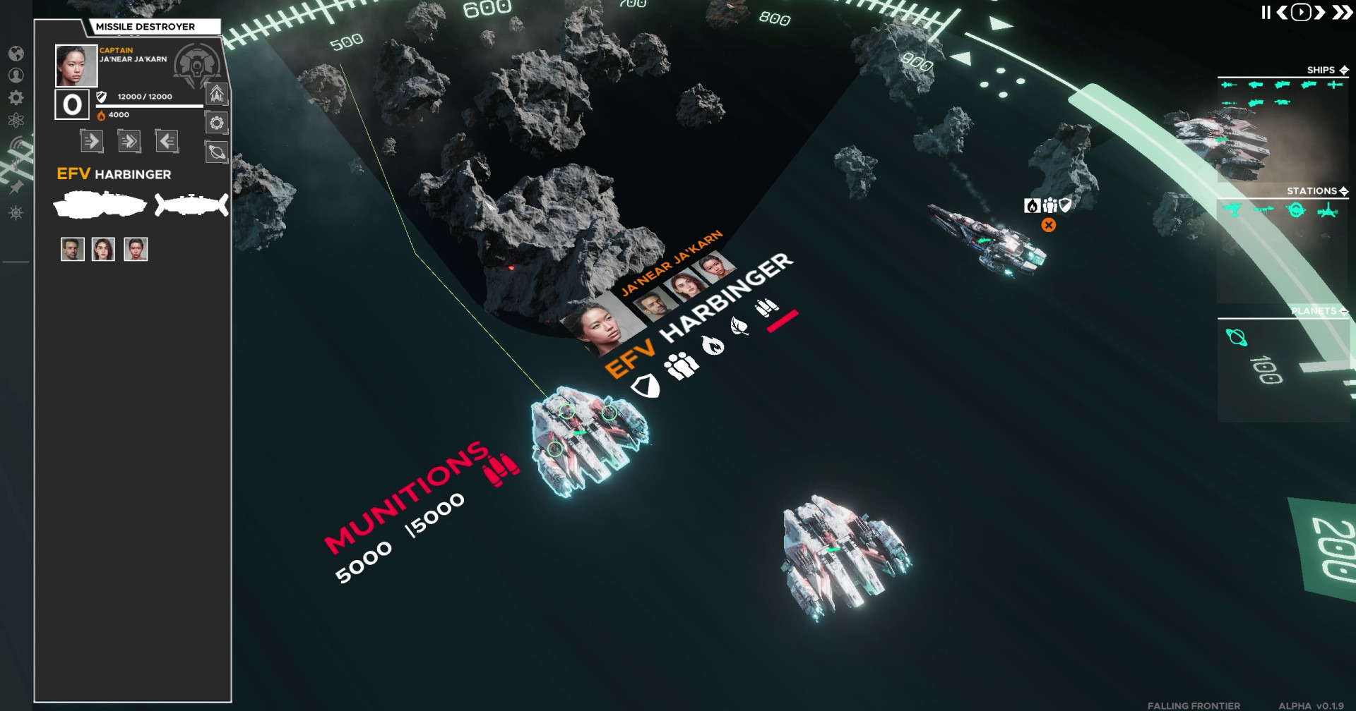 We see three spaceships in space from above, one of which is selected. Falling Frontier offers great RTS gameplay.