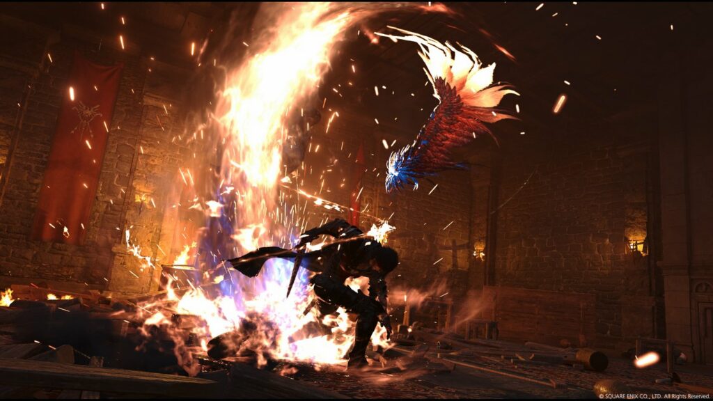 Fight as Clive against giant fire-like beasts in Final Fantasy 16, as shown here.