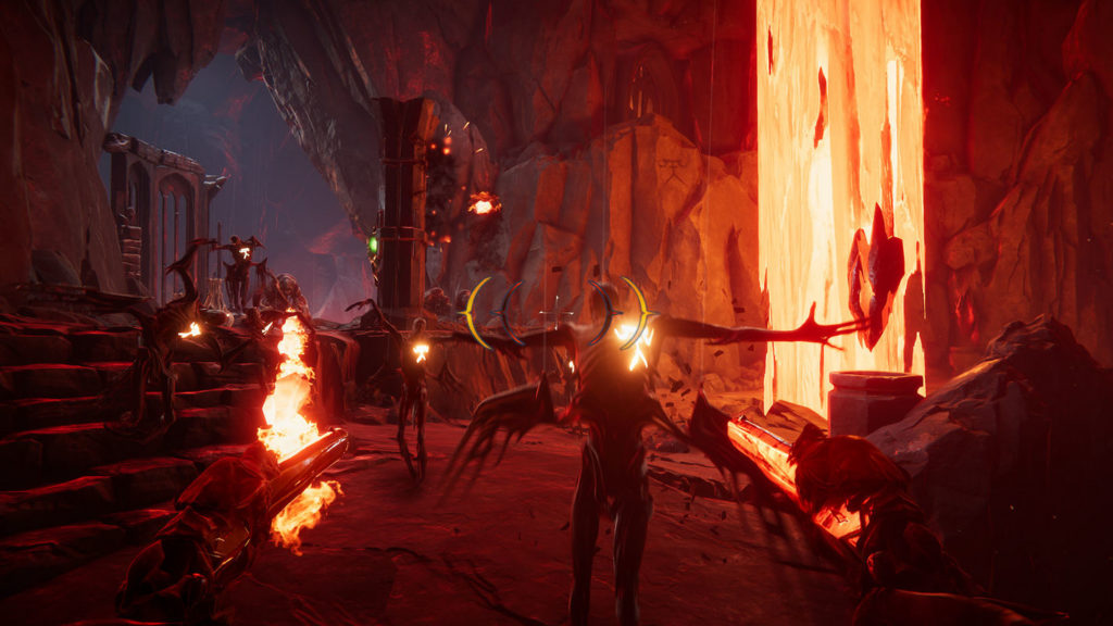 The first DLC for Metal Hellsinger includes two new singers. Here the player is shooting a demon in a lava level.