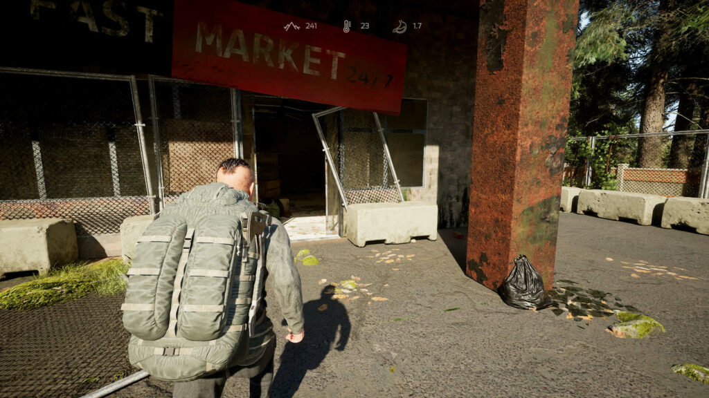 Here the player walks with a camouflage backpack and uniform toward an abandoned supermarket.