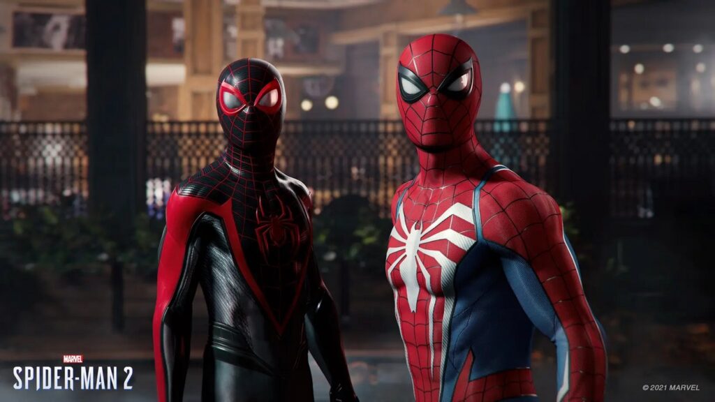 The Spider Man 2 game for PS5 has a release date. Peter Parker and Miles Morales look in our direction in their outfits.