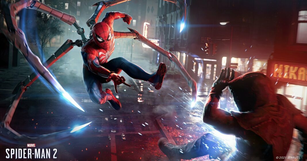 At a street intersection, Spider-Man impressively jumps up to a man in the foreground, who is simultaneously thrown back.