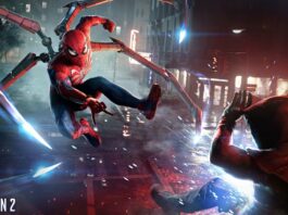At a street intersection, Spider-Man impressively jumps up to a man in the foreground, who is simultaneously thrown back.