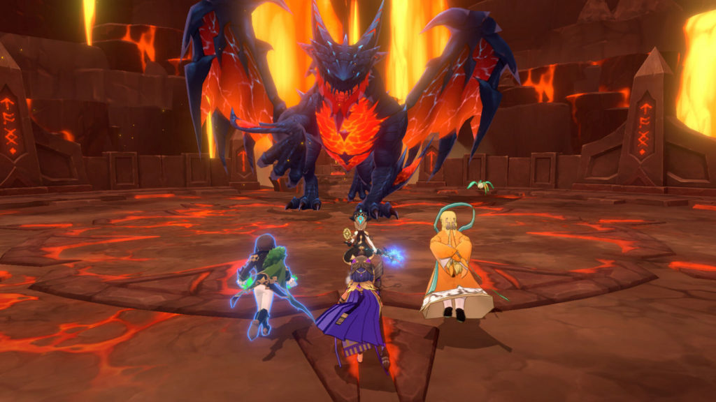 We see four characters in the foreground, standing in front of a vast blue and red dragon in a dungeon.
