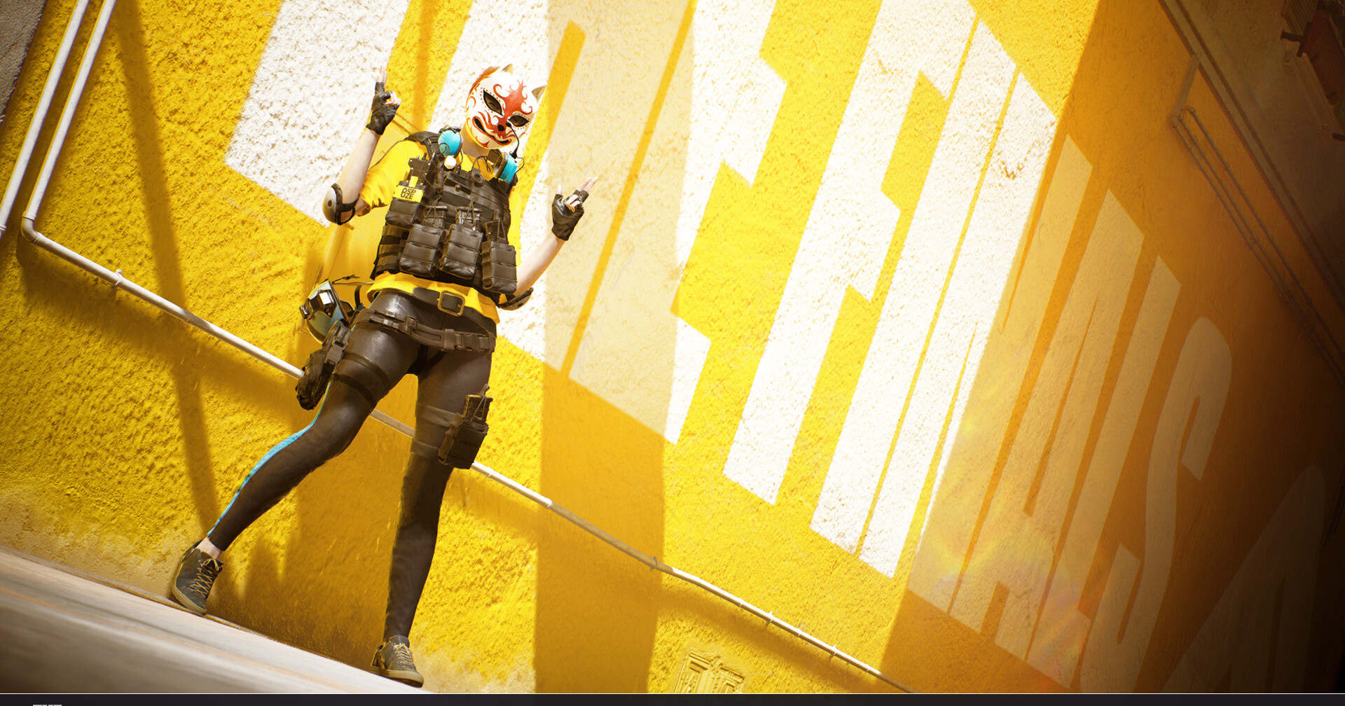 In the playtest of the beta of The Finals, things are getting rough. Here we see a woman wearing a mask on a yellow wall.