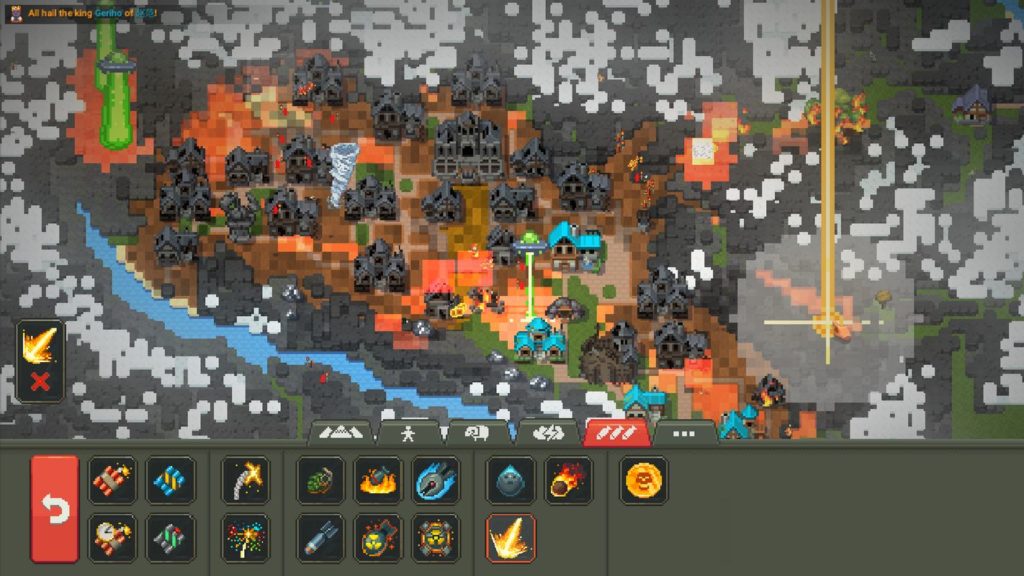 Mods can give you even more power as a god in Worldbox. Here you can see a beam of light hitting a lava area.