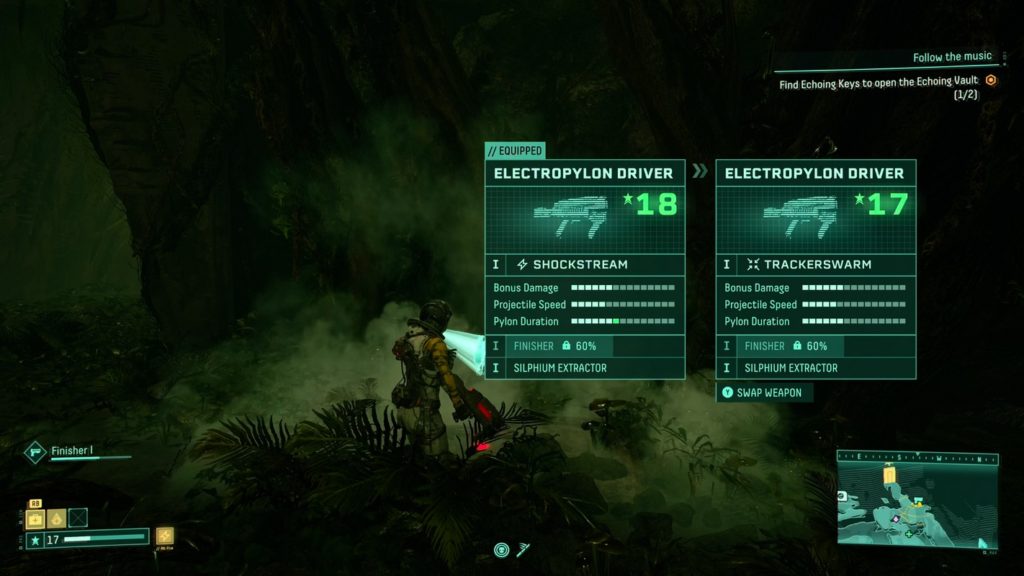 In a green biome, we are faced with the choice of two Electropylon Drivers after opening a chest in our Returnal review.