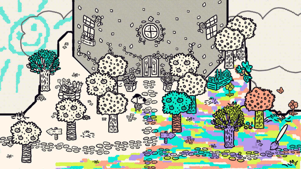 Adorable PS5 2-player games that you can play with Chicory: A Colorful Tale. Here the coloring book-like world is shown.