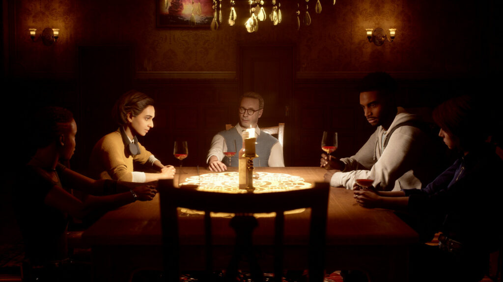 In The Dark Pictures Anthology: The Devil In Me, you'll play five different characters with friends, as seen here at a table.