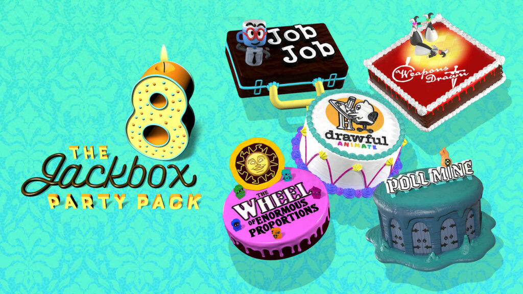 Here we see the cover of the game with turquoise background and the five different games in the form of pie symbols.