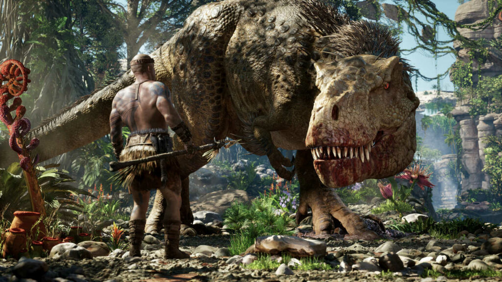 In Ark Survival Evolved 2, you'll fight as Vin Diesel against a T-Rex. Here the protagonist faces the giant.