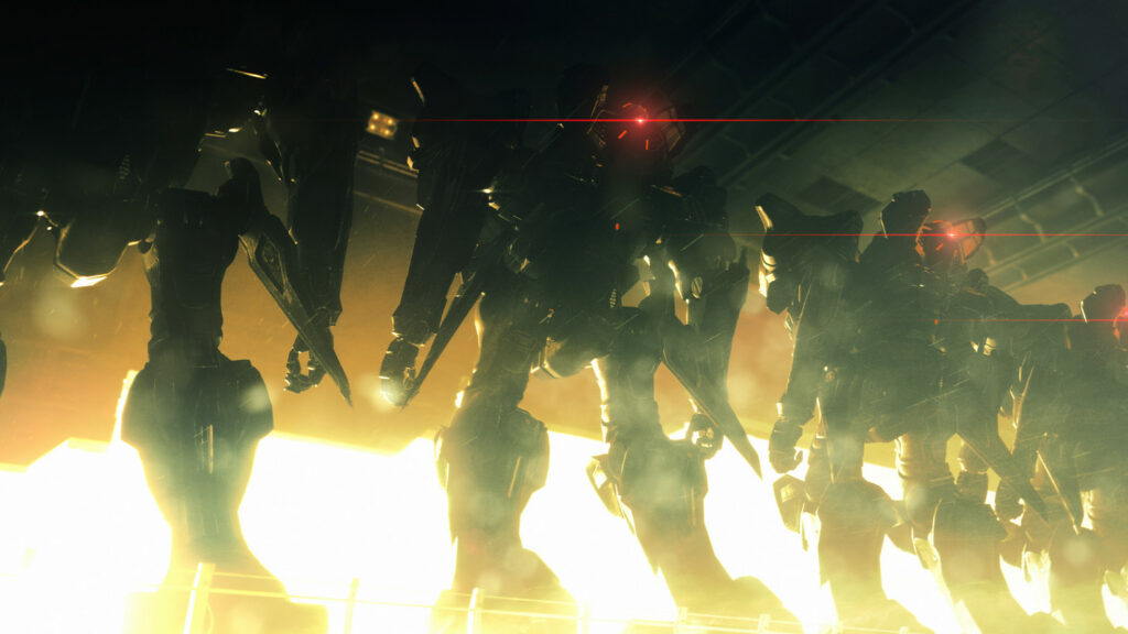 In Armored Core 6, we see a row of mechs with red flashing eyes in a spaceship in the backlight of the sun.