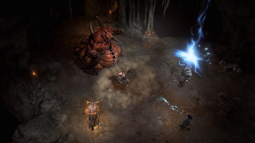 We look at four different characters in Diablo 4. who fight against a maggot-like boss during the Server Slam.