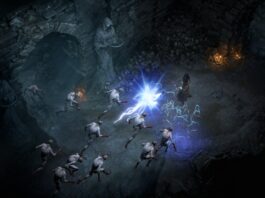 A sorceress in Diablo 4 shoots blue lightning at enemies in a dungeon during the beta server slam.