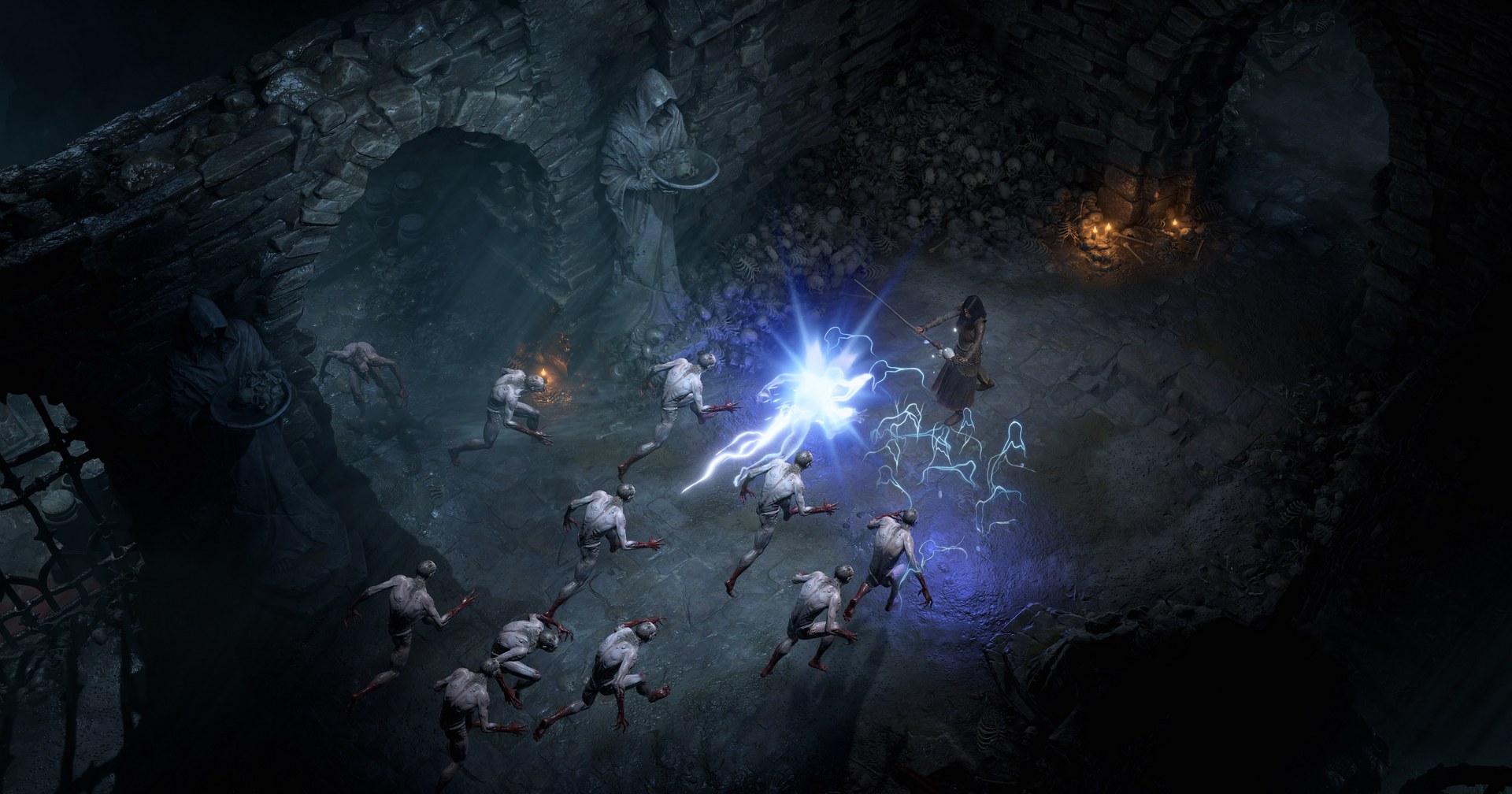 A sorceress in Diablo 4 shoots blue lightning at enemies in a dungeon during the beta server slam.