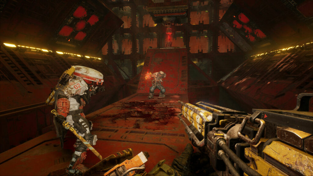 The player stands in an enemy base in first person, armed with a big Rifle in front of a guard who is about to open fire.