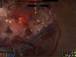 Path of Exile 2 nears its release date and offers 19 classes. Here we see a character in a dungeon full of bloody vines.