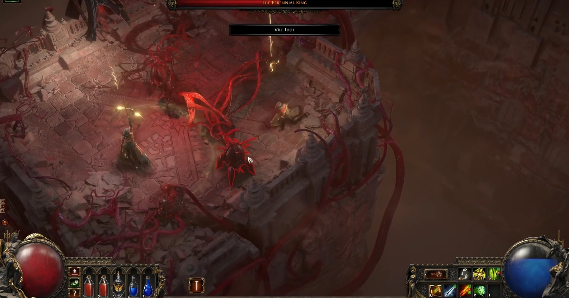 Path of Exile 2 nears its release date and offers 19 classes. Here we see a character in a dungeon full of bloody vines.
