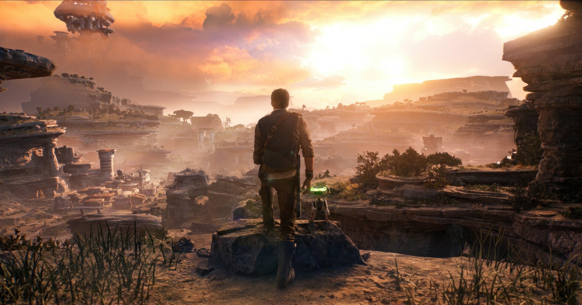 Cal Kestis looks into an alien stone landscape. The gameplay of Star Wars Jedi Survivor also takes place in such places.