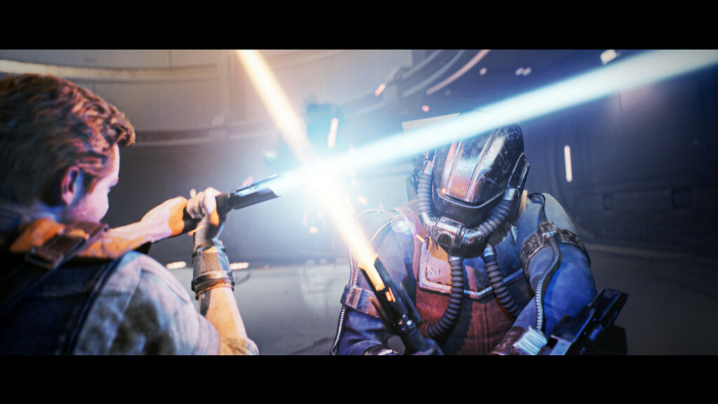 Star Wars Jedi: Survivor offers an improved combat system. Here we see a close-up of a lightsaber duel with Cal Kestis.