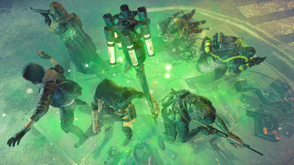 We look down from above on a squad of six who are seen in a star formation around a green glowing light installation.