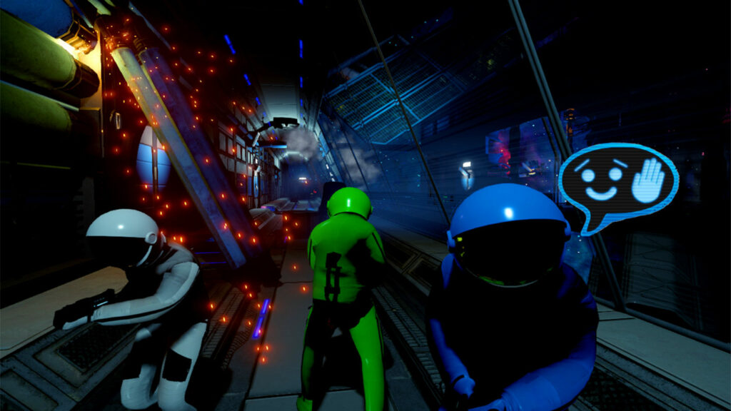 Three different colored spacemen are shown in the foreground looking in different directions in a spaceship.