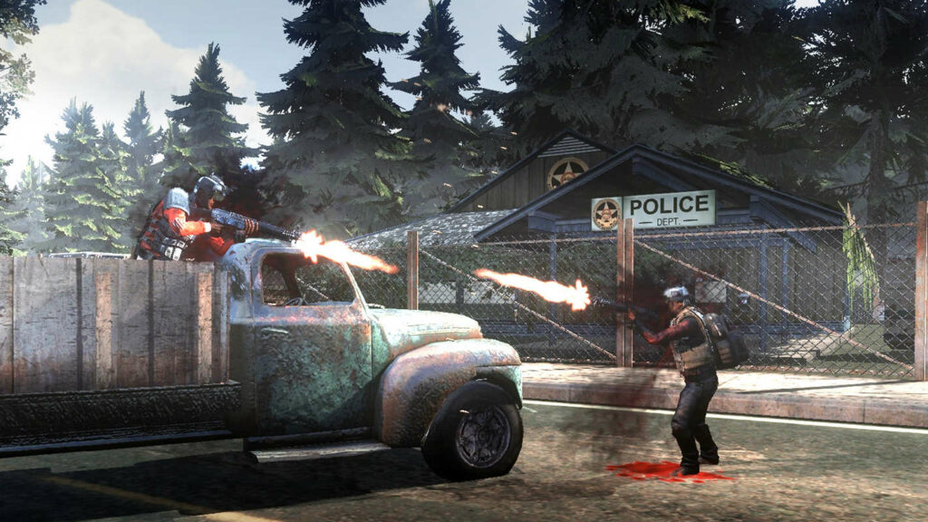 Two players are facing each other in a forest and are shooting each other with Assault Rifles in Infestation: The New Z.