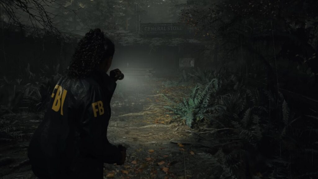 FBI agent Saga Anderson is seen in the third person with a flashlight on, approaching a cabin in the woods in the dark.