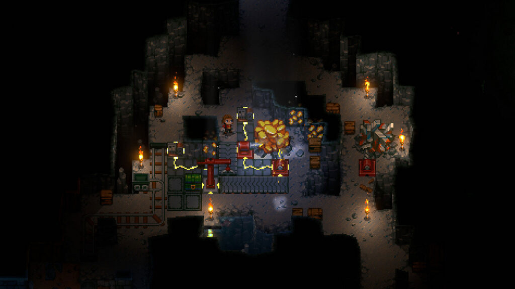 The gameplay in Corekeeper becomes even more attractive with Paws & Claws. Here we see a drill mining ore.