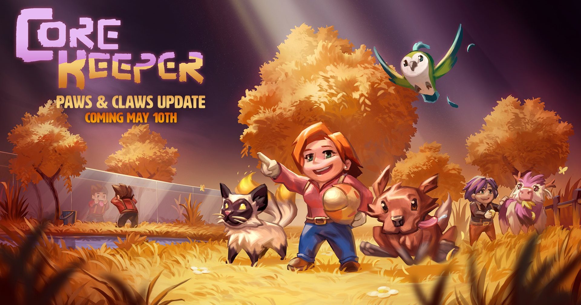 The Paws & Claws update features animal companions in Core Keeper and the new Meadow sub-biome, as illustrated on the cover.