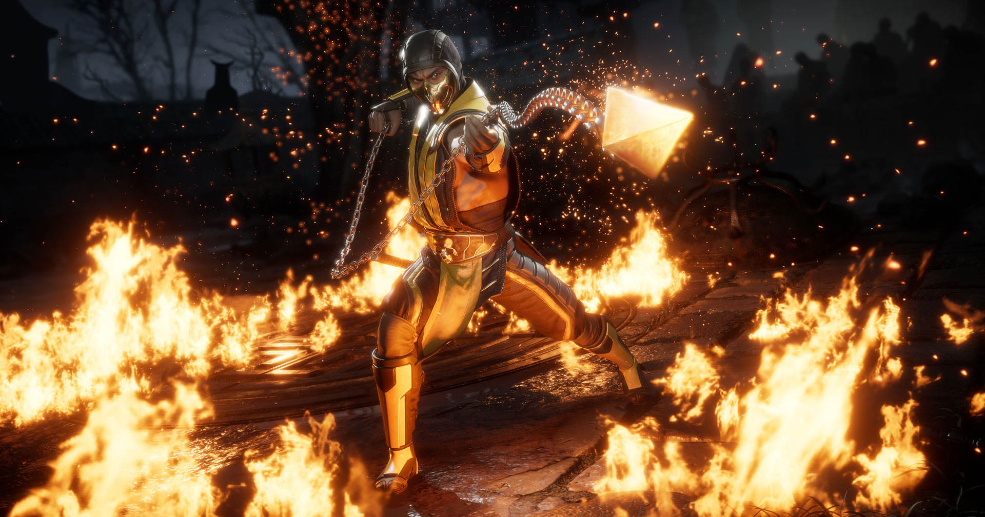 We will see if characters like Scorpion make it into the Mortal Combat 12 roster. Here we see him with his chain in the fire.