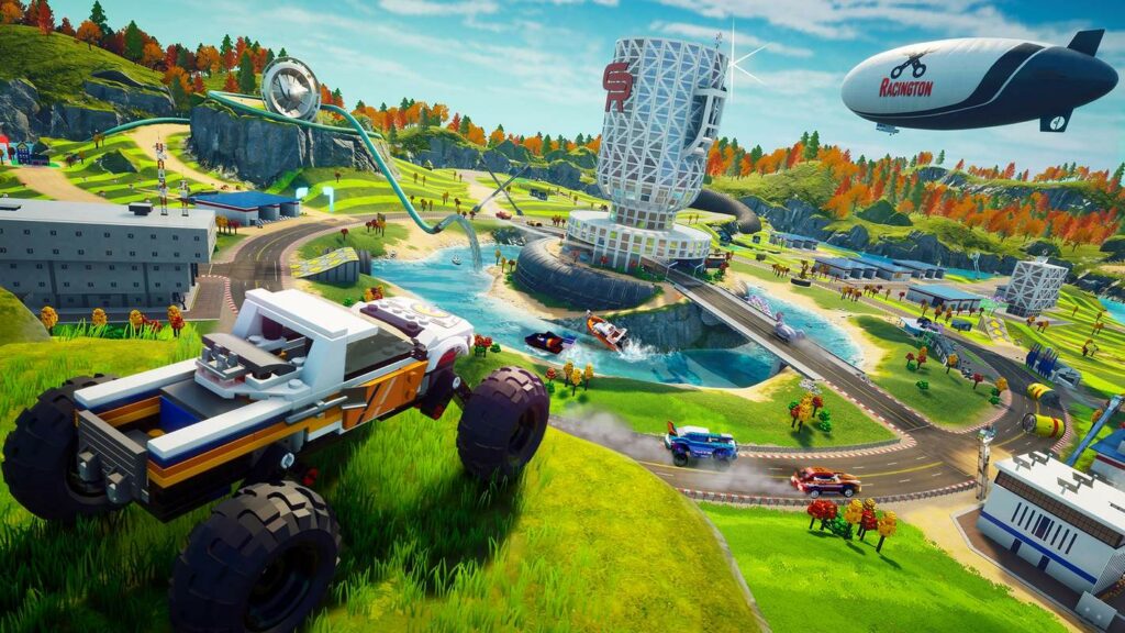 Build your dream car in Lego 2K Drive and explore the huge colorful open world Bricklandia, as seen here.