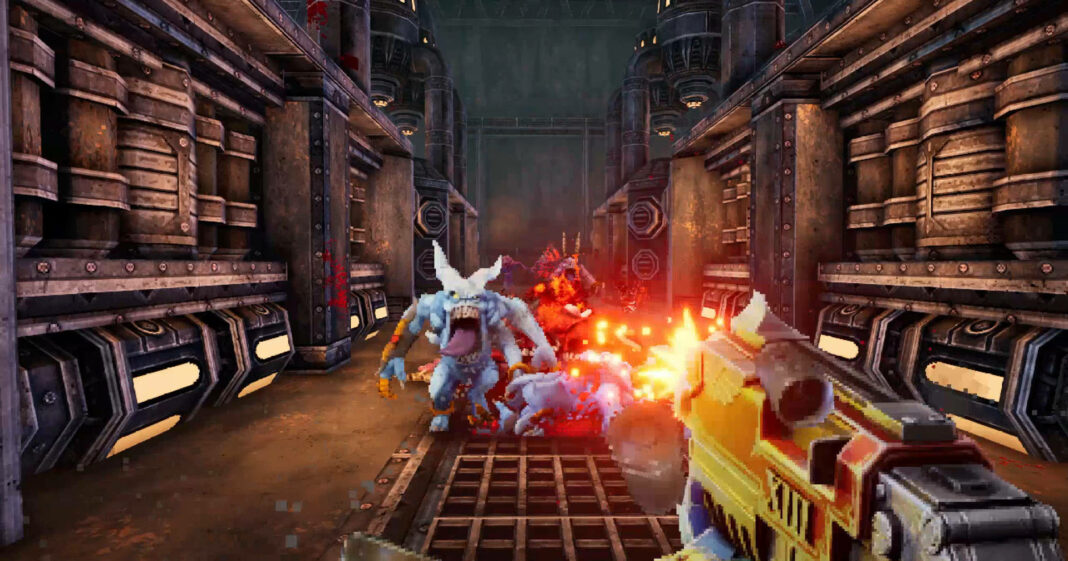 Shoot blue demons in first-person with the blaster in Warhammer 40K: Boltgun. The player stands in a machine-like corridor.