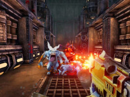 Shoot blue demons in first-person with the blaster in Warhammer 40K: Boltgun. The player stands in a machine-like corridor.
