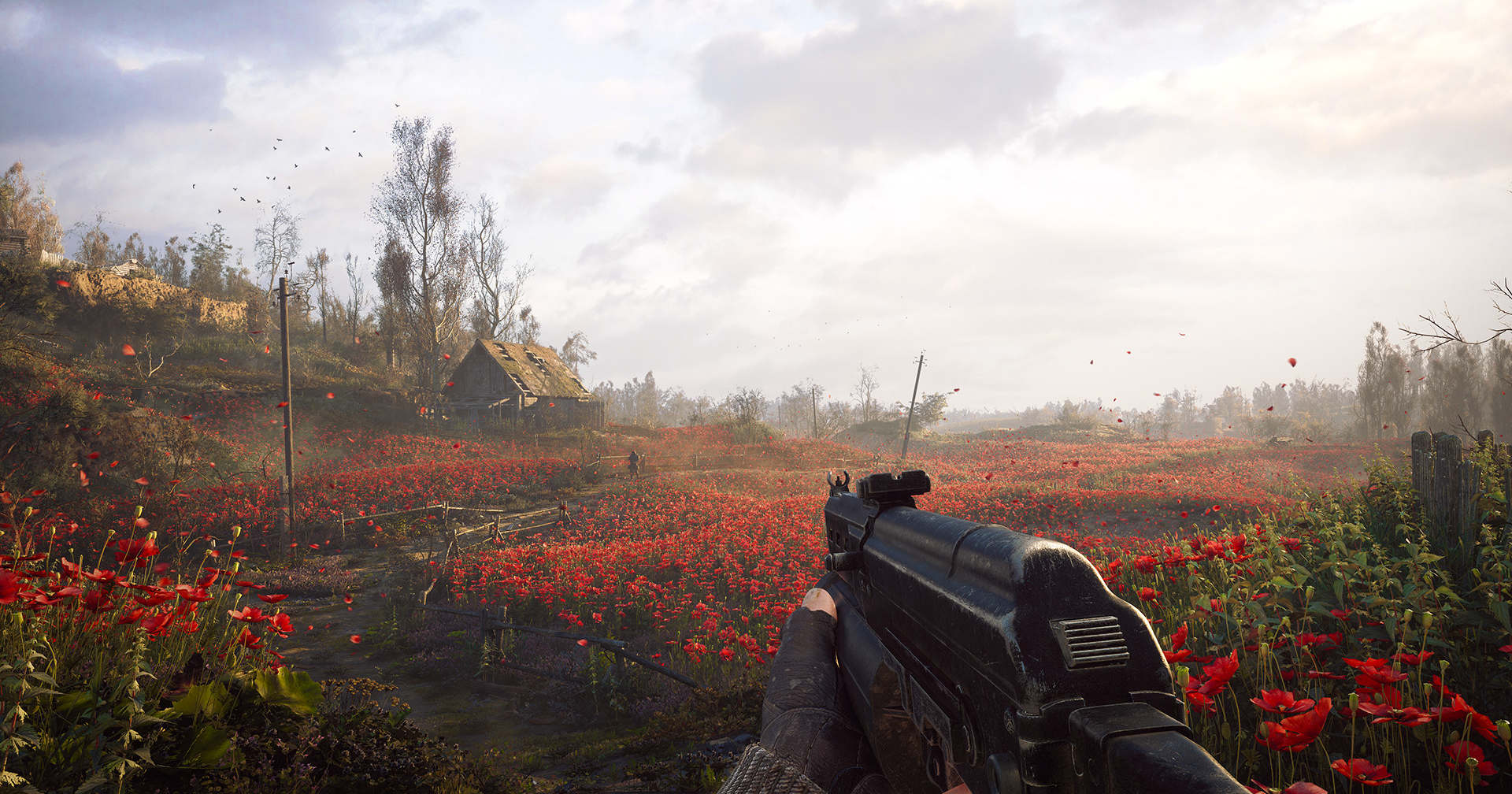 Here we see a red flower field in the shooter S.T.A.L.K.E.R. 2: Heart of Chornobyl, one of the upcoming best PC games 2023.