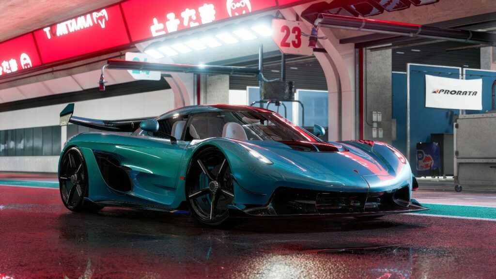 Here we see a turquoise racing car in Forza Motorsport, considered one of the PC games 2023 in the racing sector.