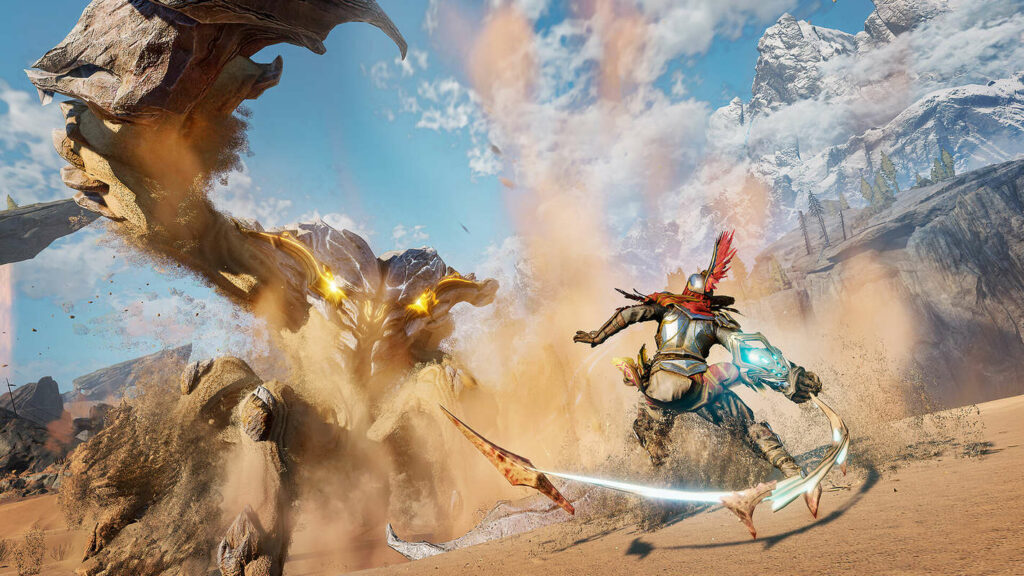 Our hero fights with a big whip against a giant nasty creature in Atlas Fallen, one of the best PS4 & PS5 games in 2023.