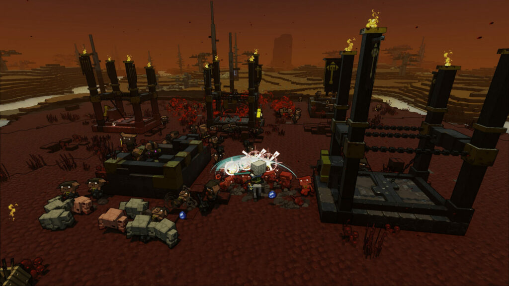 Fight Piglins in the open-world game Minecraft: Legends. Here we see the player in the fight in the center of the picture.