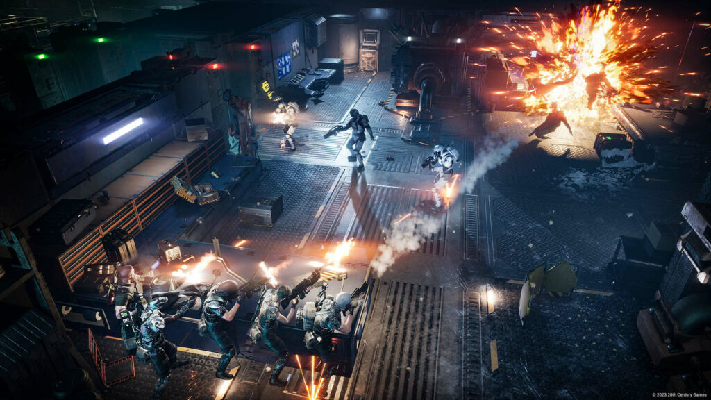 We see the squad down in the foreground behind a barricade, opening fire on its opponents in a futuristic corridor.
