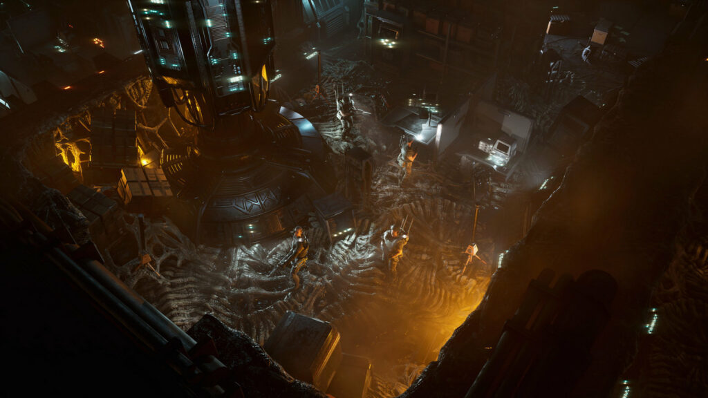 The squad is seen in the usual isometric perspective, standing in an orange-lit engine room covered in alien fabric.