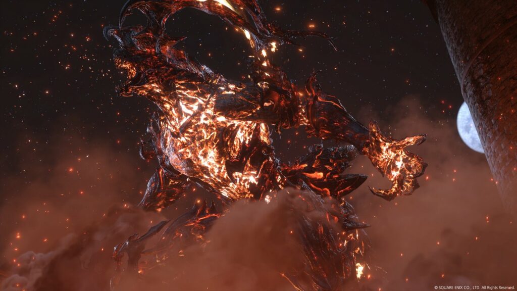 We see a gigantic eikon that looks like a powerful fiery demon.